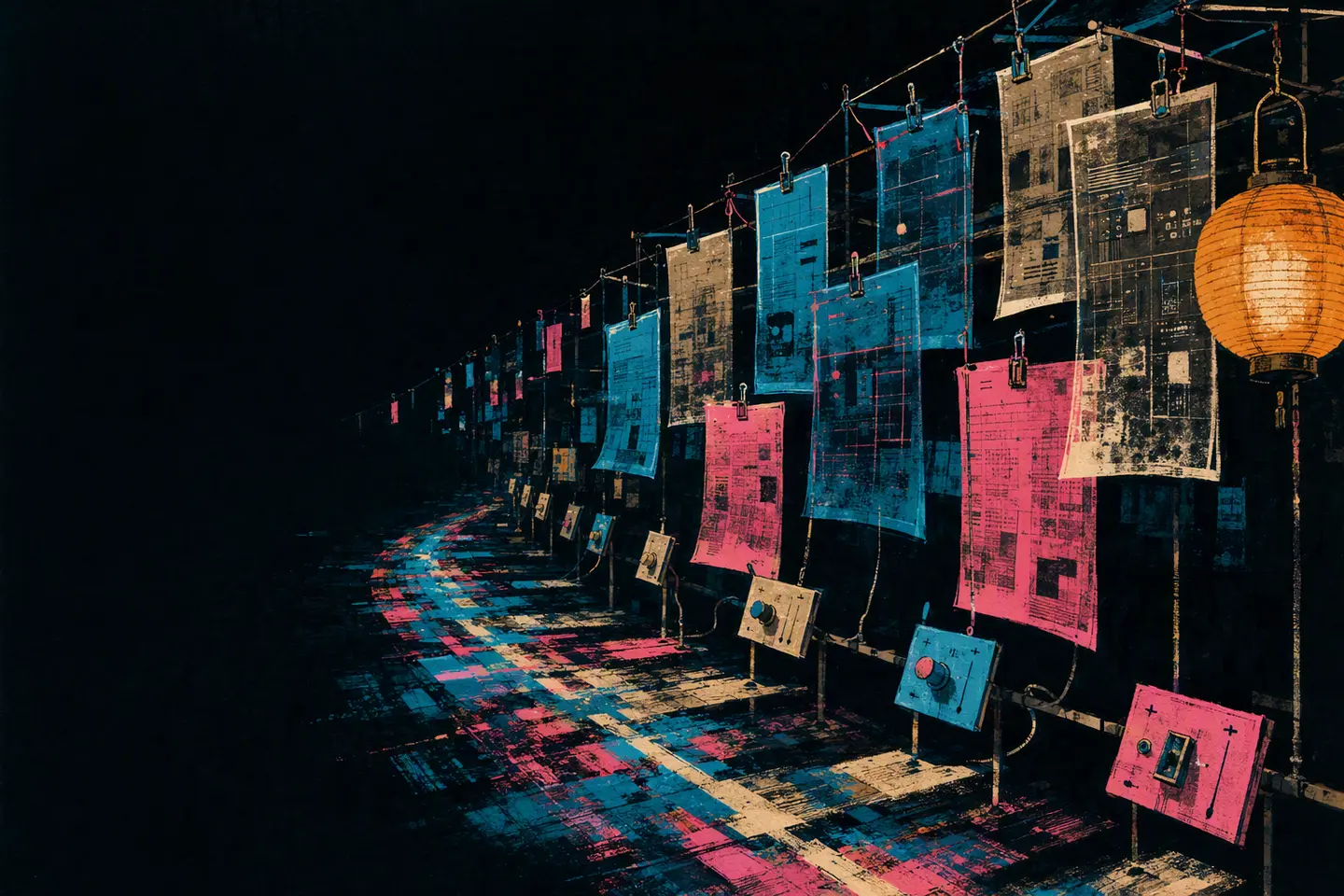 An illustrated night market of hanging metadata sheets connected by cyan and pink edit trails